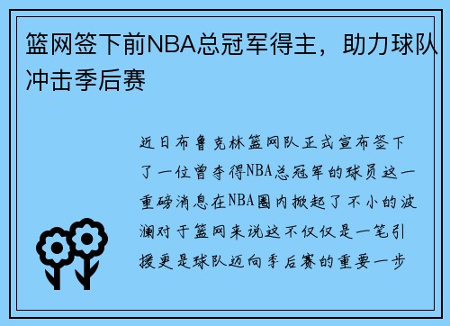 篮网签下前NBA总冠军得主，助力球队冲击季后赛